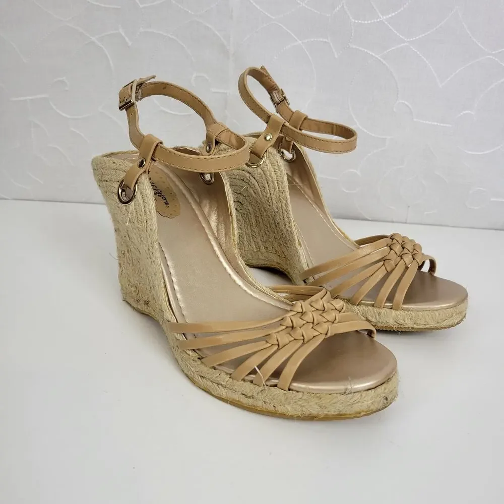 Self Esteem Womens Sandals Size 9 Brown Cork Strap Slingback Wedge Heels